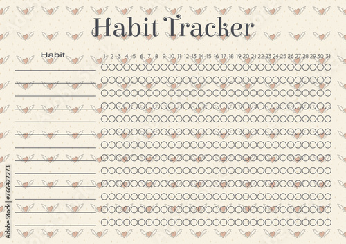 Beige habit tracker sheet design. Monthly planner blank template with valentines hearts pattern