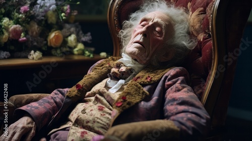 An old man is sleeping in a chair with a floral arrangement in the background. Concept of relaxation and peacefulness