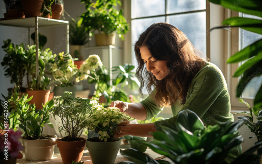 Side view of woman in greenhouse at home taking care and gardening of houseplants. Home gardening Side view of woman in greenhouse at home taking care and gardening of houseplants. Home gardening
