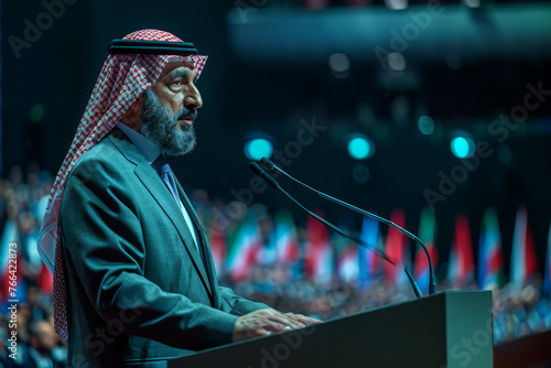 Arab official delivers a keynote address at an international summit while standing on a grand stage with lots of national flags