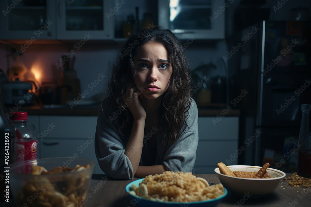 Woman eating fastfood at night bad habbit concept generative AI