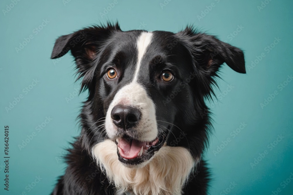 studio headshot portrait of border collie looking forward licking with tongue to the side and a teal blue background studio headshot portrait of border collie looking forward licking with tongue to the side and a teal blue background