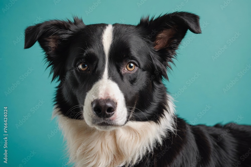 Studio headshot portrait of black and white border collie with funny smirk on face against a teal backdrop