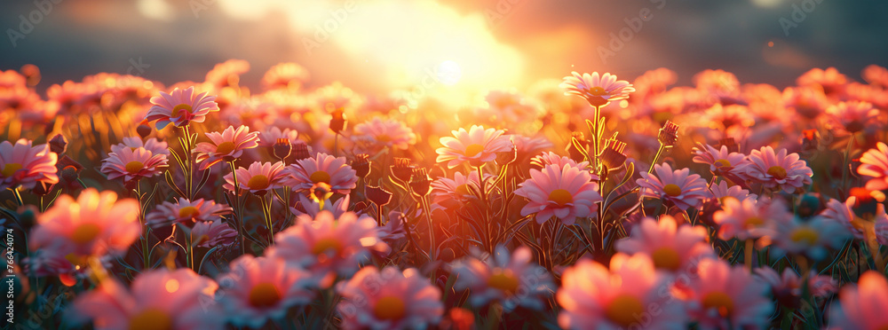 Field of Pink Flowers at Sunset with Glowing Light