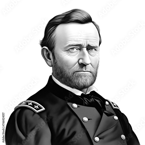 Black and white vintage engraving, close-up headshot portrait of Ulysses S. Grant, the famous historical American military officer, politician, and the 18th US president, white background, greyscale