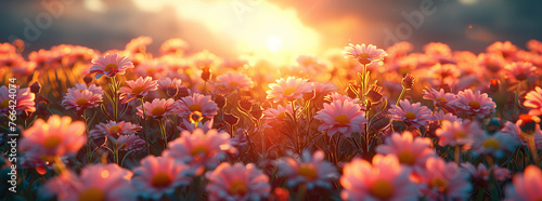 Field of Pink Flowers at Sunset with Glowing Light