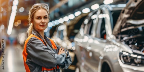 Confident female engineer examining car chassis