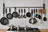 Assortment of steel kitchen utensils and tools hanging from the utensil rack above the kitchen stove.