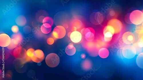 Abstract blurred colorful lights bokeh background. Shiny light effect with glowing round particles on dark blue, pink and purple colors photo