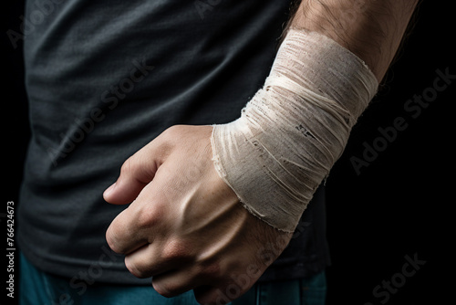 Generated AI image of post surgery bandaged male hand © Tetiana