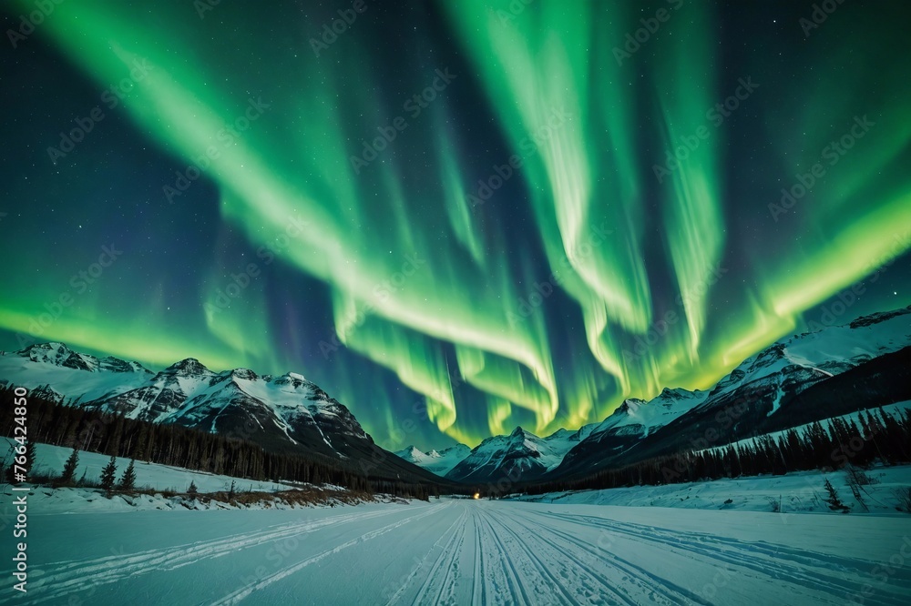 Green Northern Lights (Aurora borealis) over snowy mountains