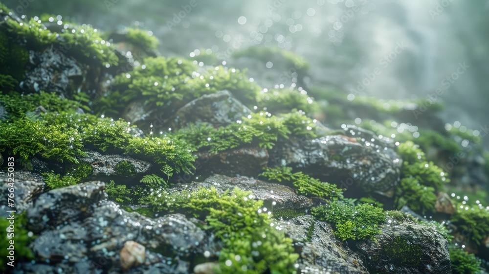 Misty Mountain Forest with Dewy Moss Layers Layers of dew-covered moss blanket the mountain forest floor, with mist hanging in the air, creating an ethereal morning scene. Misty Mountain Forest with Dewy Moss Layers Layers of dew-covered moss blanket the mountain forest floor, with mist hanging in the air, creating an ethereal morning scene.
