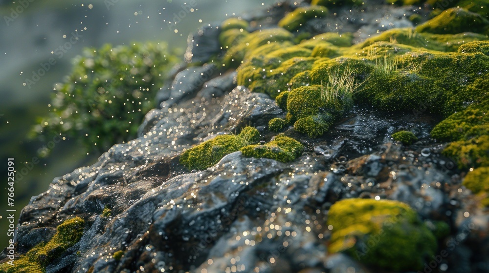 Moss-Covered Stones with Sparkling Water Droplets Water droplets twinkle like diamonds on the vibrant moss that blankets the stones, illuminated by the gentle morning sunlight.