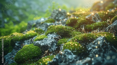 Enchanted Mossy Rocks with Dew and Sunrise Light Sunrise peeks through to illuminate moss-covered rocks  adorned with dew  creating a mystical  sparkling morning scene.