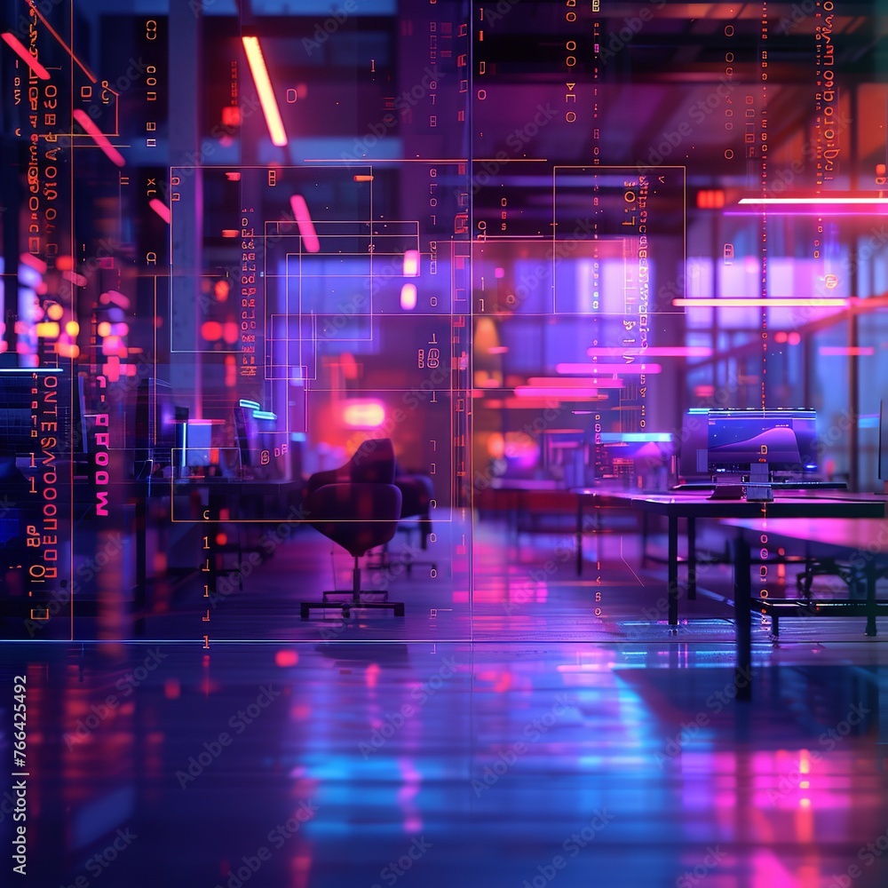 Modern neon cyberpunk open space office interior blurred with information technology overlay. Corporate strategy for finance, operations, and marketing. Tables with computers for work. Technology HD. Modern neon cyberpunk open space office interior blurred with information technology overlay. Corporate strategy for finance, operations, and marketing. Tables with computers for work. Technology HD.