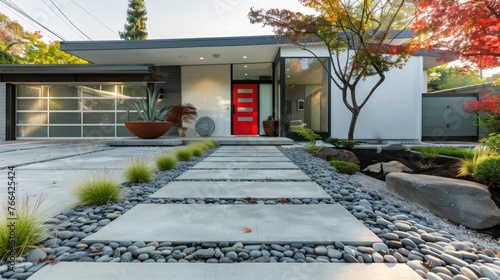 Concrete walkway with pebble leads to a Modern Single Family home featuring small porch with a red front door.