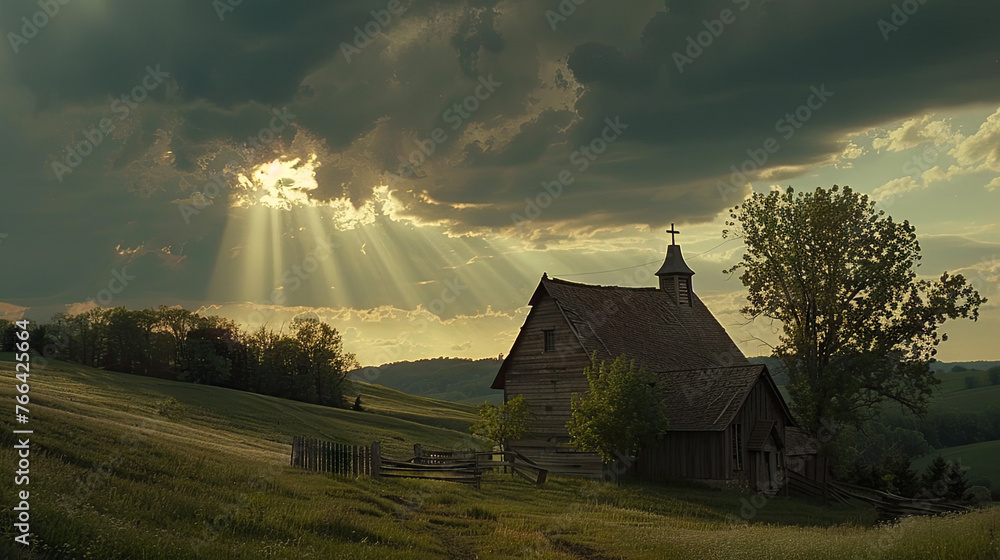 Divine Light Over Pastoral Landscape., faith, religious imagery, Catholic religion, Christian illustration