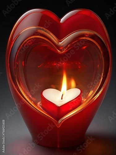 Heart shaped candle on red background.