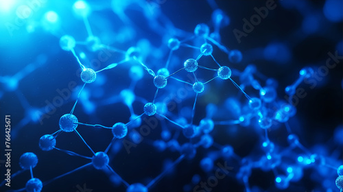 Science technology design concept with connection of molecules, glowing light fractal, blue background. 3D illustration.