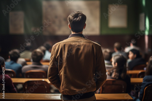 Generative AI photo of young student person in university or college classroom