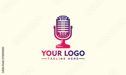 Microphone Icon for Podcast Radio Broadcast - Entertainment, Comedy, or Sing Logo Design Inspiration - Podcast Logo with Microphone and Earphone Audio, Radio Waves - Studio, Talk Show, Chat, Informati