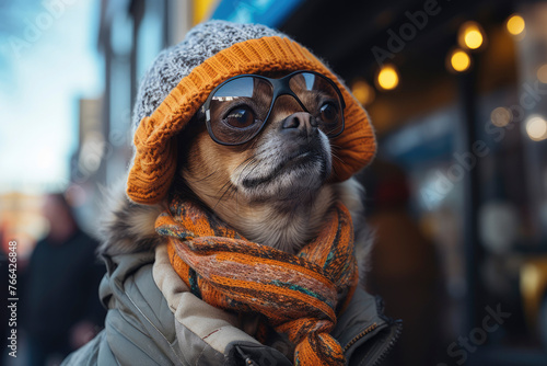 Dog wearing parka or coat in animal clothing on city street. Cavalier King Spaniel.  Dog fashion © Irina