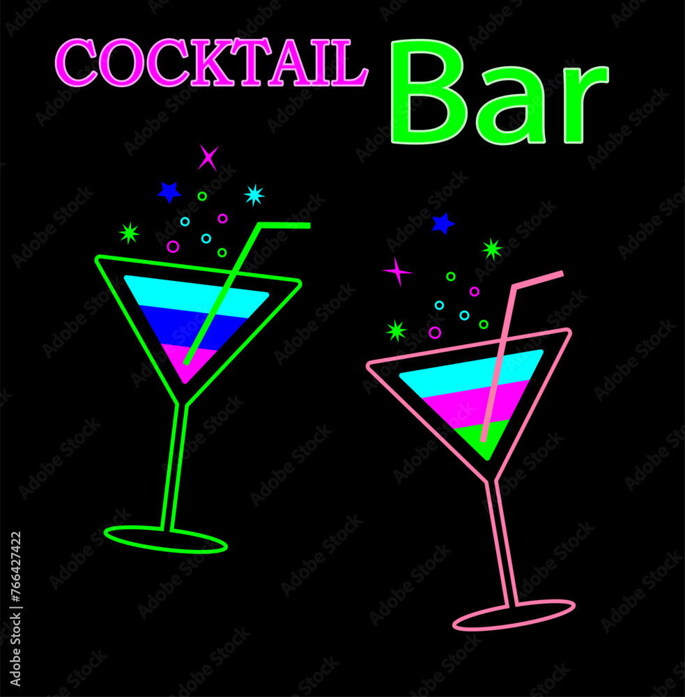 Cocktails and drinks in different glasses according to the menu. Alcoholic drinks. Vector illustration. Cocktails and drinks in different glasses according to the menu. Alcoholic drinks. Vector illustration.