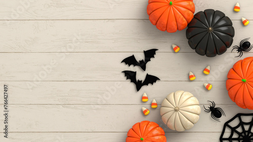 Halloween Flat Lay With Pumpkins, Candy Corn, and Decorations on Wooden Background — Copy Space | Festive Halloween flat-lay composition featuring orange, black, and white pumpkins arranged alongside 