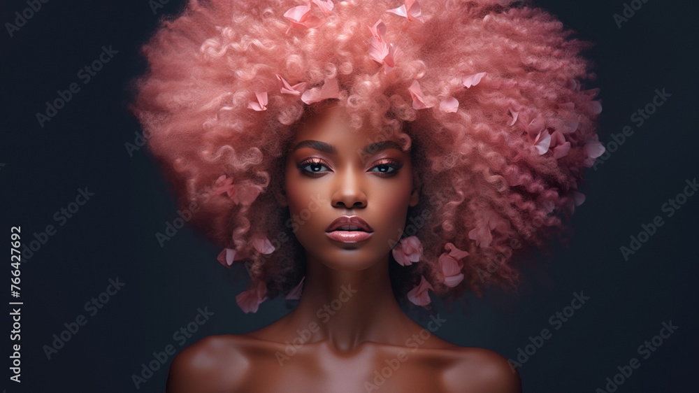 Beauty, skincare and happiness, black woman with pink hairstyle. African glam model with smile on face, salon makeup glow and wellness.