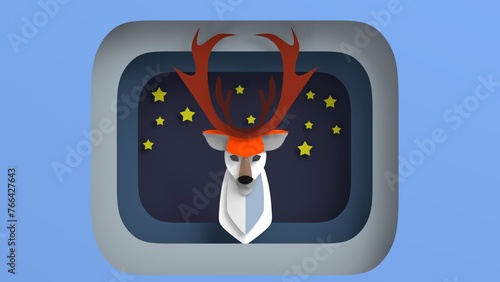 Illustration of Reindeer on wall with yellow stars. Christmas reindeer on plaque