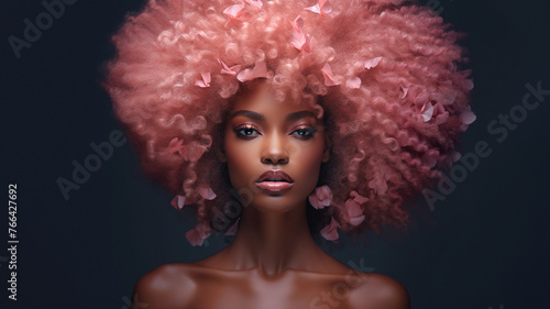 Beauty  skincare and happiness  black woman with pink hairstyle. African glam model with smile on face  salon makeup glow and wellness.