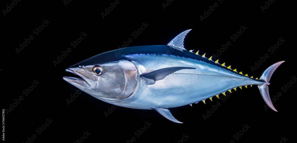 Fototapeta premium Bluefin tuna isolated on black background, thynnus saltwater fish, Atlantic Bluefin tuna is one of the largest, fastest, and most gorgeously coloured