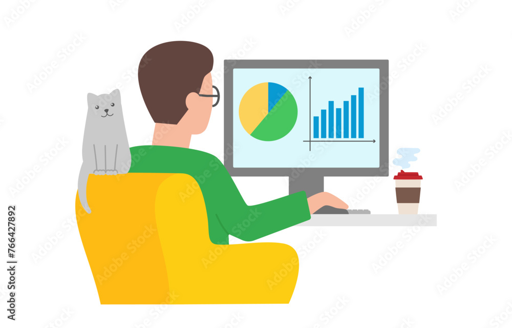 Business analyst, trader or financier concept. Person works on computer showing charts. Flat vector illustration Business analyst, trader or financier concept. Person works on computer showing charts. Flat vector illustration