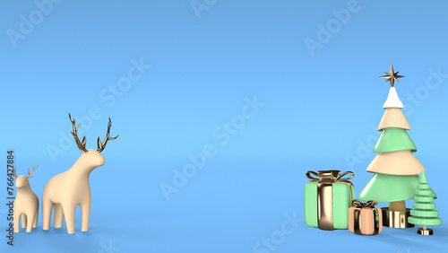 Minimalist Christmas Scene With Reindeer, Gifts, and Stylized Tree on Blue Background — Copy Space Available | Minimalist 3D-rendered Christmas scene featuring two simple reindeer figures on the left 