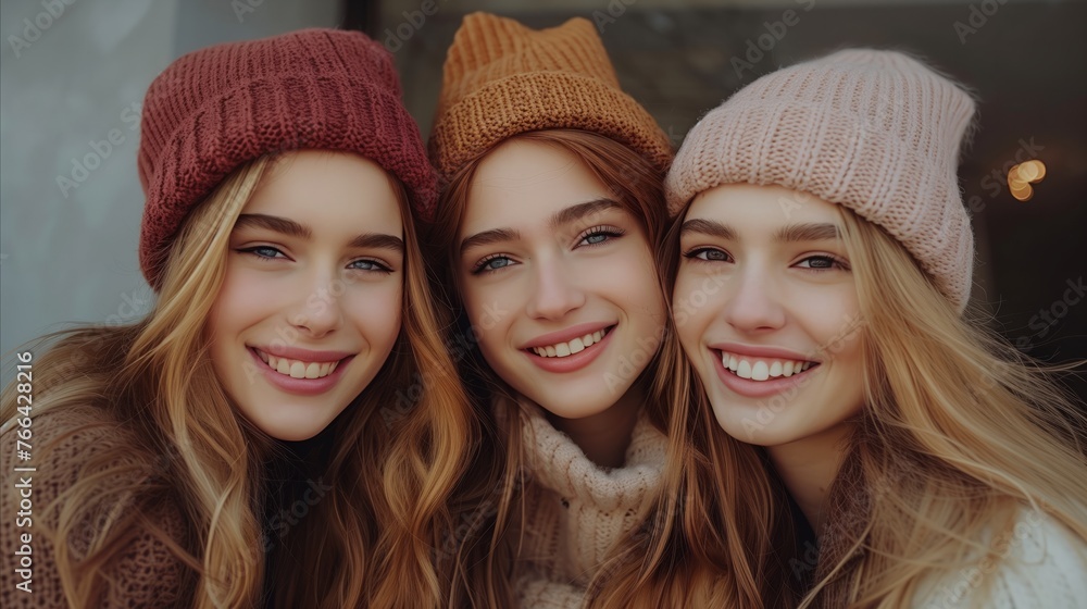 Smiling Trio in Knit Hats Enjoying Winter Together Smiling Trio in Knit Hats Enjoying Winter Together