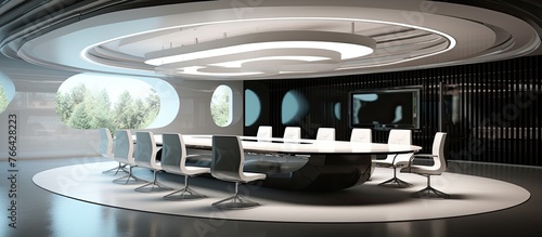 A futuristic conference room in a building with a long liquid glass table, circle chairs, hightech technology, water font, and a glass ceiling for events