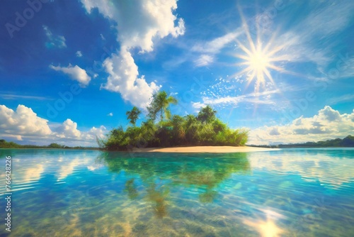 Tropical island, water reflections, transparent blue water, dutch angle, sandy clean lake