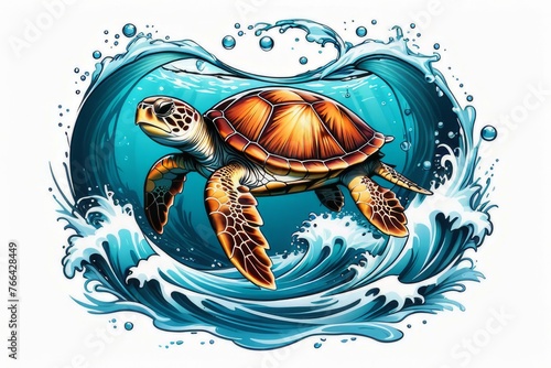 Turtle moves gracefully through water, its movements fluid, effortless. For fashion, clothing design, animal themed clothing advertising, as illustration for interesting clothing style, Tshirt design. photo