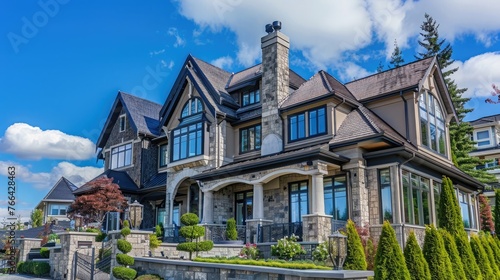 Houses in suburb in the north America. Top of a luxury house with nice windows over blue sky. Beautiful Home Exterior. Real Estate Exterior Front House.nobody, selective focus