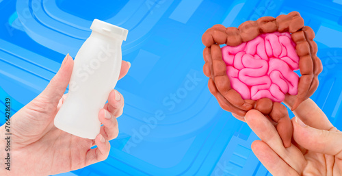 Probiotics for digestion. Bottle yogurt in man hand. Intestinal tract. Probiotic medicine. Fermented milk products with lactobacilli. Healthy yogurt for digestion. Probiotic product for health