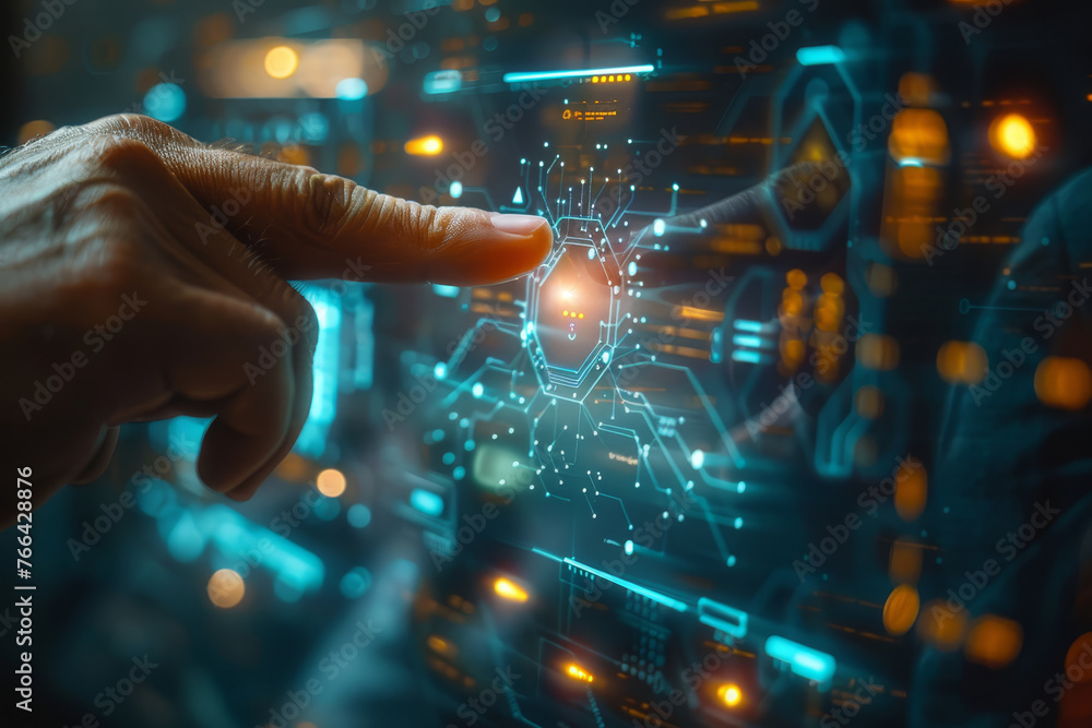 A person interacts with a complex, glowing digital interface, indicative of advanced technology and futuristic innovation.. A person interacts with a complex, glowing digital interface, indicative of advanced technology and futuristic innovation..