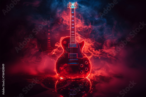 An Ai generative of neon electric guitar isolated in the room with smoke.
