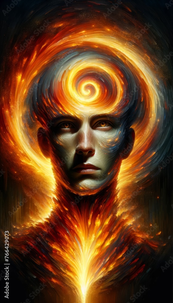 Illuminated Spiral Engulfing a Face in Golden Hues, a Metaphor for Enlightenment and Intellectual Awakening
