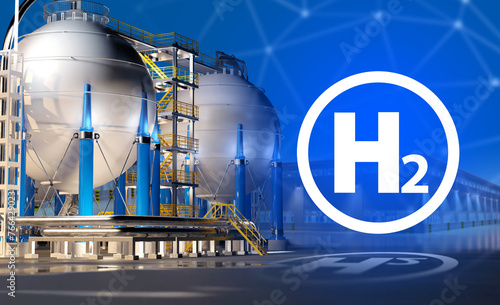 Hydrogen factory. Logo h2 near manufactory. Spherical hydrogen storage tanks. Alternative energy. Production of fuel from h2. Development of hydrogen energy. BPVC under evening sky. 3d image