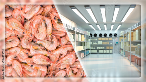 Tableau sur toile Refrigeration warehouse with shrimps