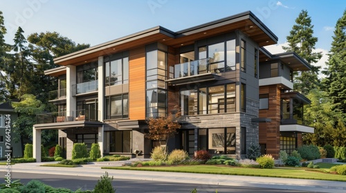 Luxurious contemporary three-story wood siding home exterior in Bellevue © rimsha