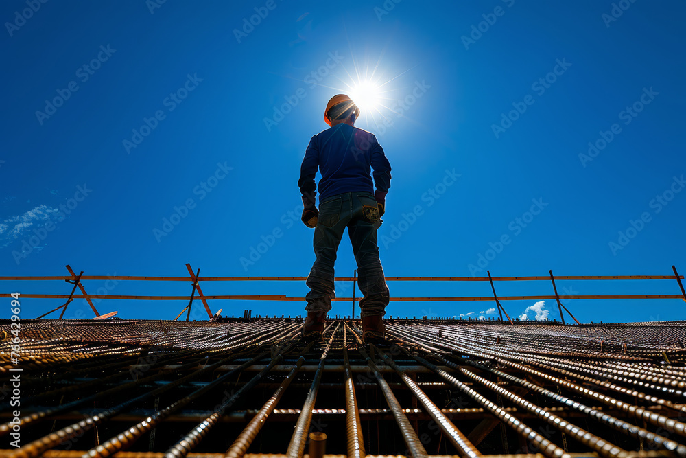 A construction worker in a hard hat stands contemplating the progress on a busy construction site.