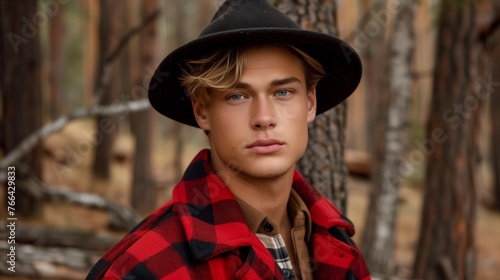 Young Man in Plaid Shirt and Hat in Forest Setting © OKAN