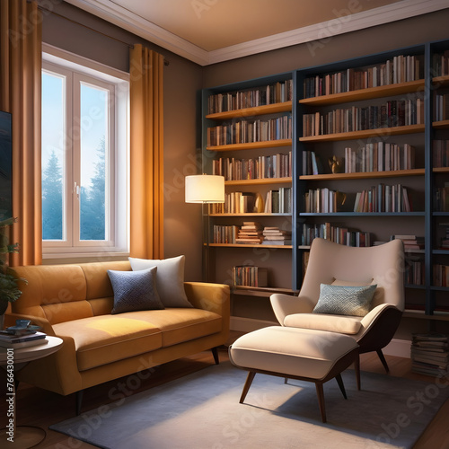 A cozy reading nook with warm ambiance, furnished with sofas for both solitary and group relaxation. Generative AI. © C OOI