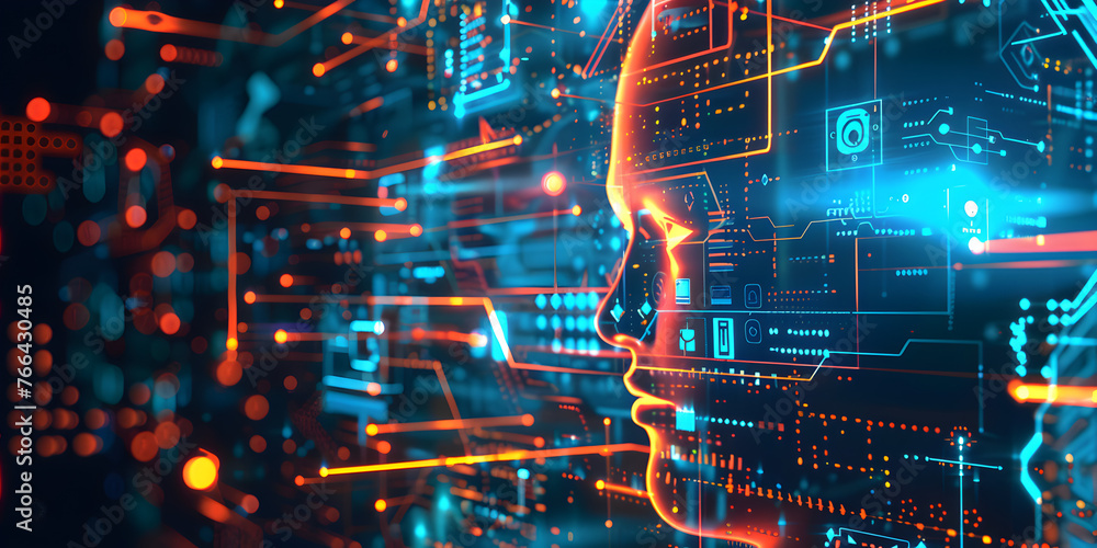 Futuristic scene of a computer engineer programming advanced AI or ...